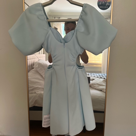 ASOS DESIGN puff sleeve cut out channelled aline mini dress in mint - Picture 4 of 6